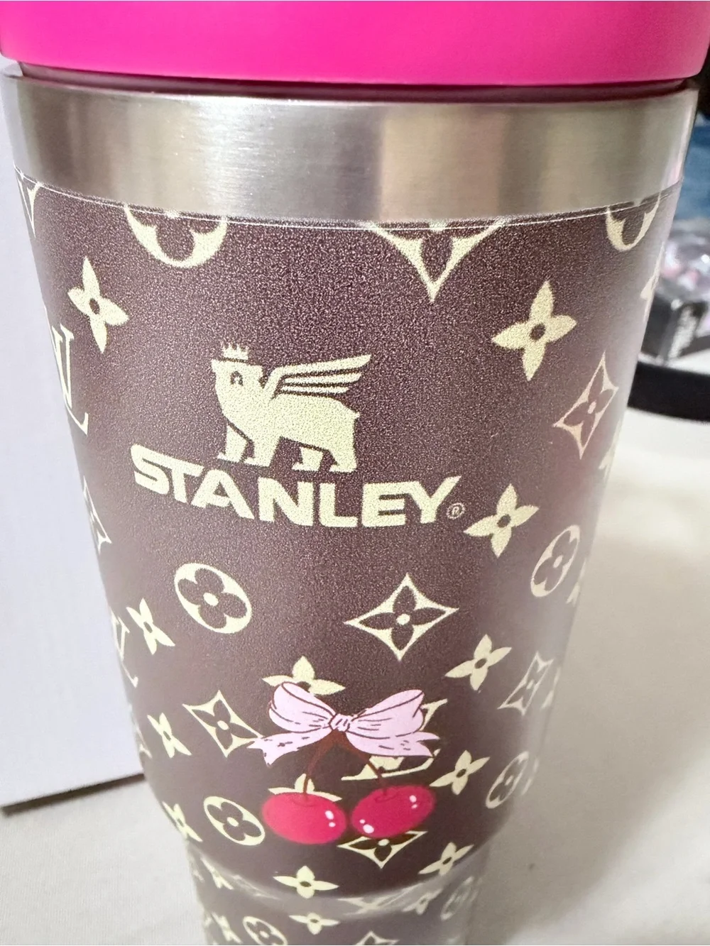 SOLD Stanley Cup - Brown Cherries Pattern with Pink Handle - Picture 2 of 5